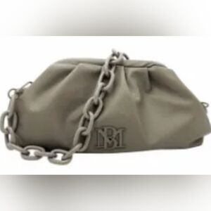 NWT Badgley Mischka Vegan Leather Frame Clutch Taupe BM Logo Convertible Strap
